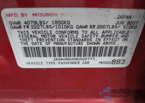 2008 Mitsubishi Lancer Gts from USA, damaged, VIN JA3AU86U08U022777
